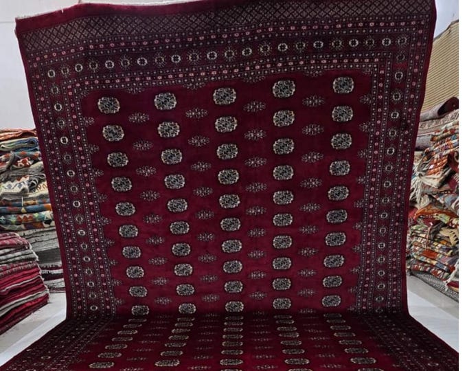 9 X 12 ft Red Geometrical Handmade , Mori Bokhara Cotton and Wool