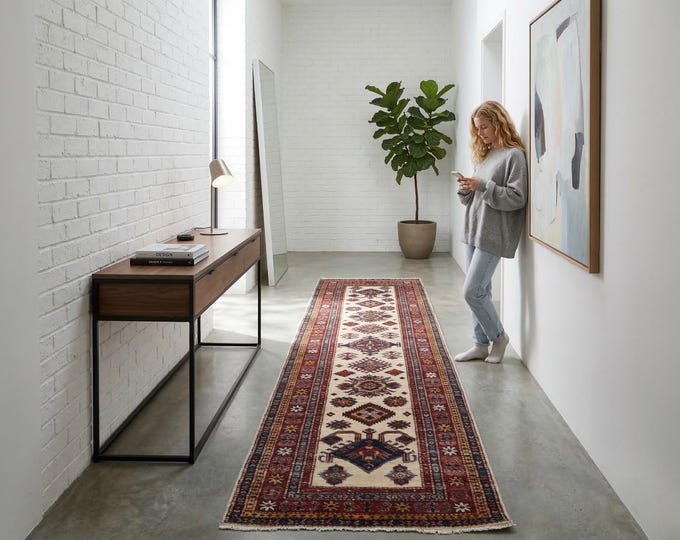 2.9 X 8.3 ft Beige and Red Geomatrical Handmade Runner, Super Kazak Cotton and Wool