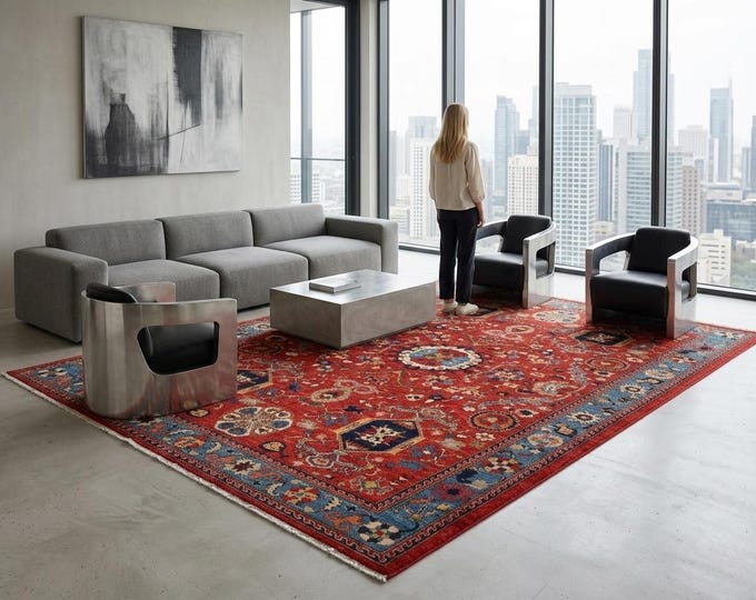 5.11 X 8.9 ft Red and Blue Floral Handmade ,Heriz Cotton and Wool