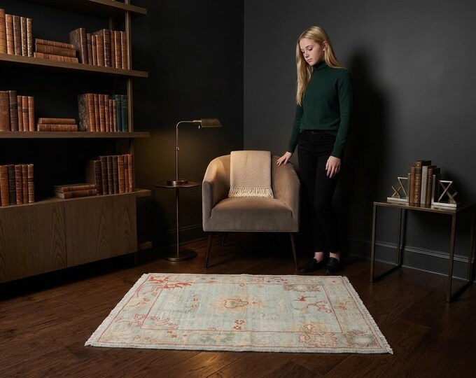 2.2 X 3.1 ft  Blue Floral Handmade ,Heriz Cotton and Wool