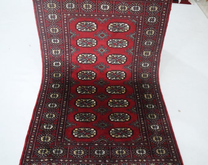 3x5 Red Wool Mori Bokhara Rug, Hand Knotted Geometric Tribal Rug