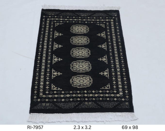 Hand-knotted Mori Bokhara Cotton and Wool Rug, Geomatrical in Black base and Black border, 2.3 x 3.2 ft