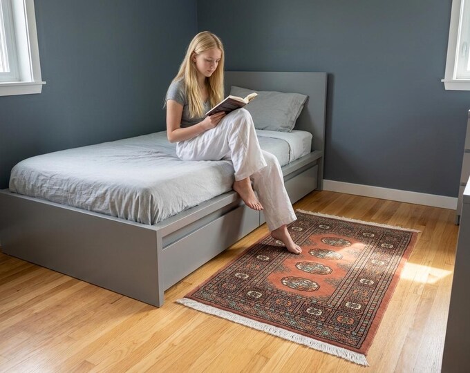 2.1 X 3.0 ft Copper Geomatrical Handmade ,Mori Bokhara Cotton and Wool