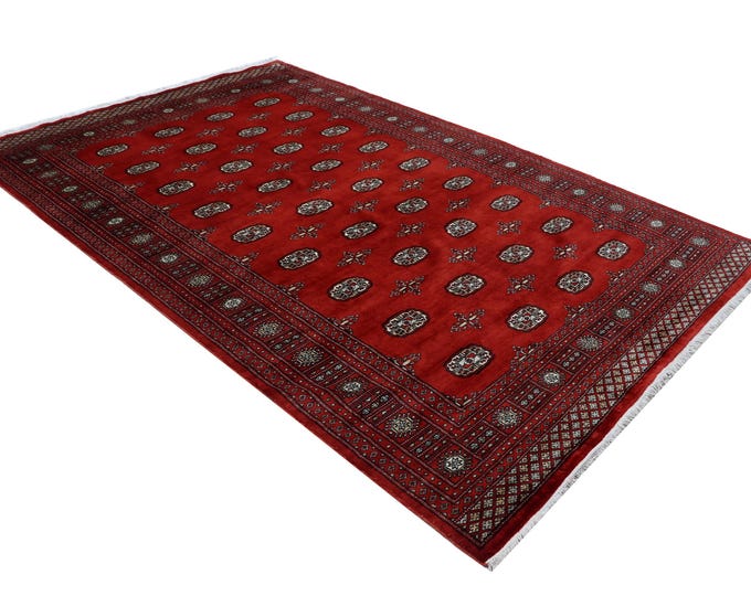 6.7 X 9.11 ft Red Geomatrical Handmade Runner, Mori Bokhara Cotton and Wool