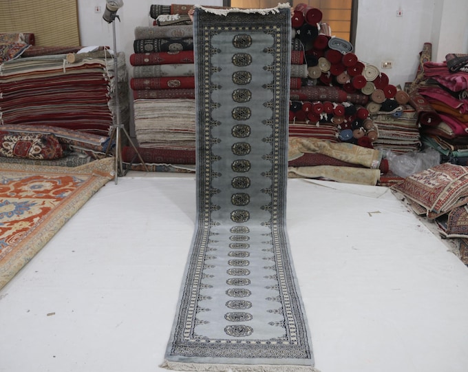 3 X 12 ft Gray Geomatrical Handmade Runner, Mori Bokhara Cotton and Wool
