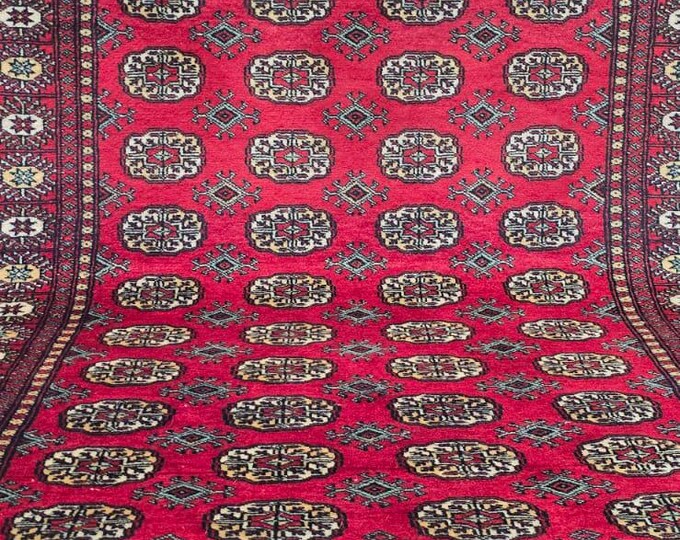 4 X 6 ft Handmade Geometric Mohri Bokhara, Red, Cotton and Wool