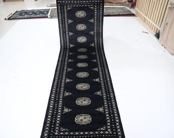 9 Ft Hand-Knotted Wool Runner Rug, Black Mori Bokhara Design