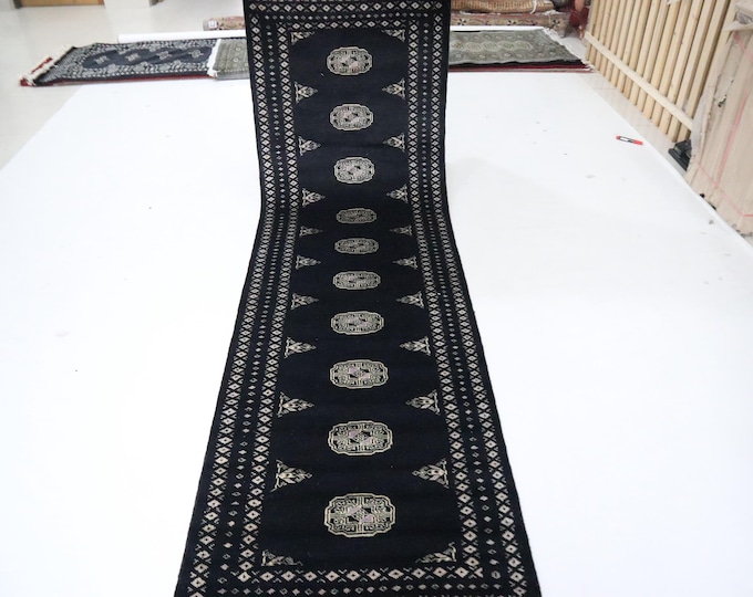 9 Ft Hand-Knotted Wool Runner Rug, Black Mori Bokhara Design