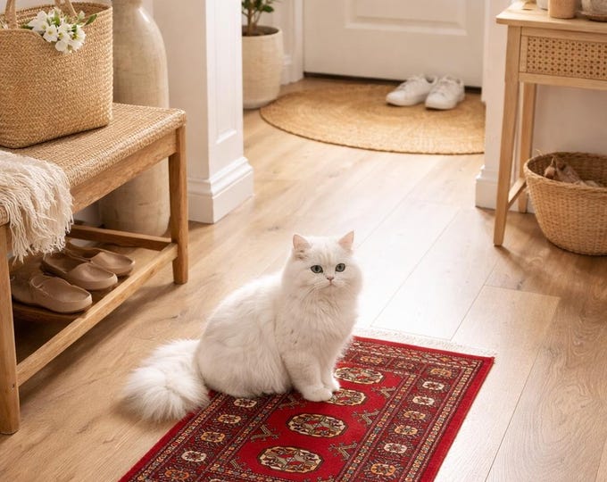 2.0 X 3.2 ft Red Geomatrical Handmade ,Mori Bokhara Cotton and Wool