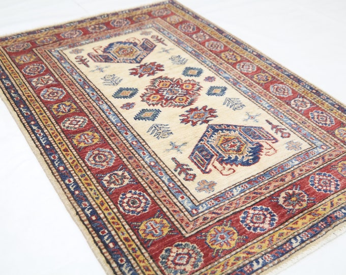 Beige Kazak Rug 3x4 – Handwoven Afghan Wool, Geometric Design