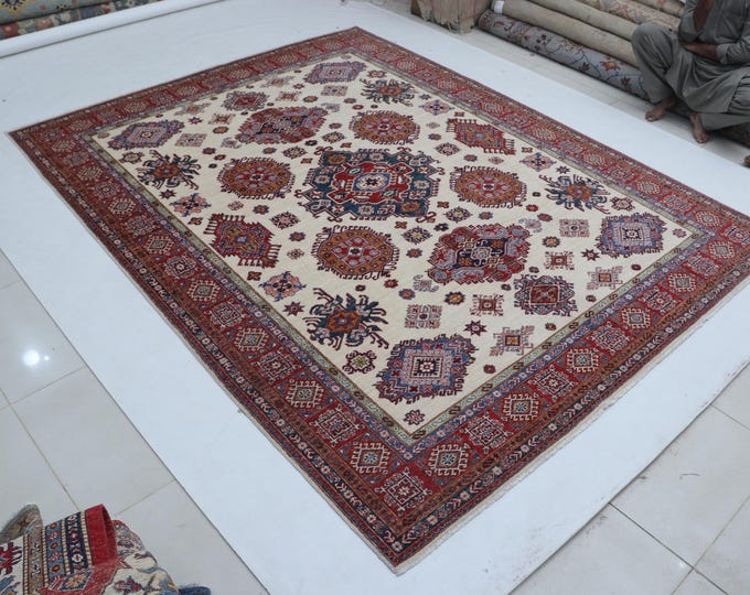 8 X 10 ft Beige and Red Geomatrical Handmade , Super Kazak Cotton and Wool8 X 10