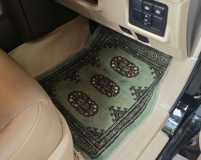 1.5 X 2 ft Geomatric Handmade Car Mats Pair, Green Wool Car Floor Rugs, Cotton and Wool
