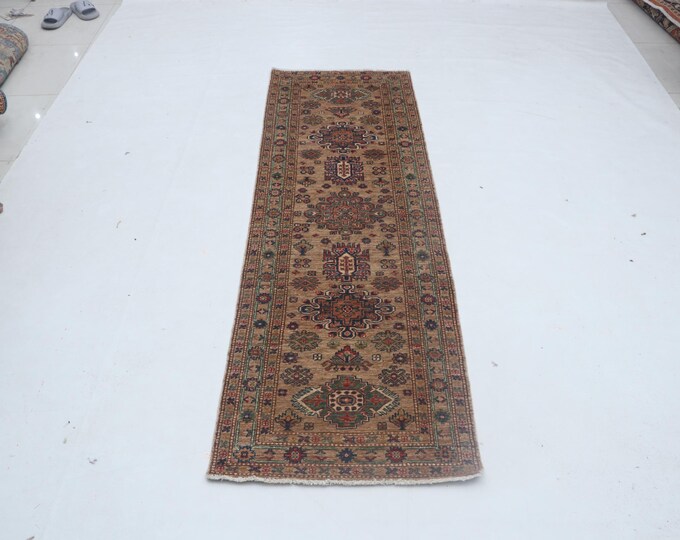 2.6 X 7.9 ft Brown Geomatrical Handmade Runner, Super Kazak Cotton and Wool