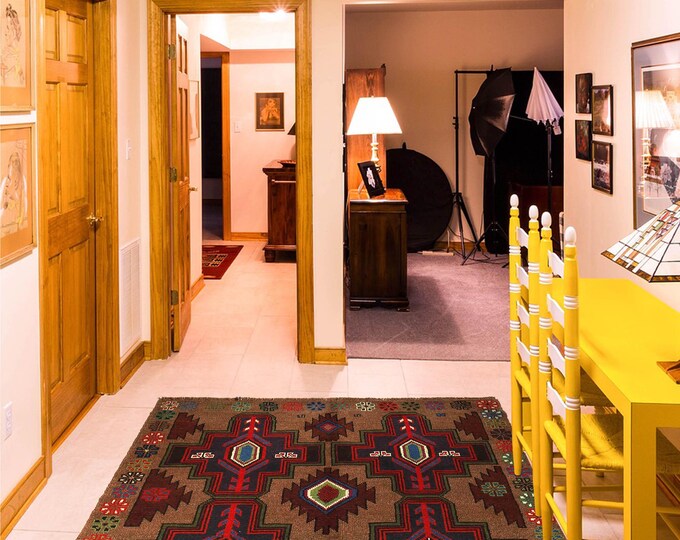 Hand-knotted Baluchi Brown and Rainbow, 3.93 x 6.56 ft