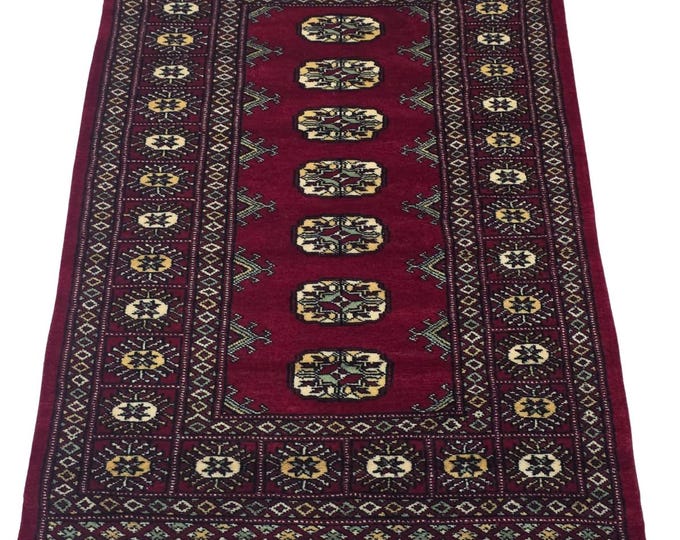 2.5 X 4 ft Red Geometrical Handmade, Mori Bokhara Cotton and Wool