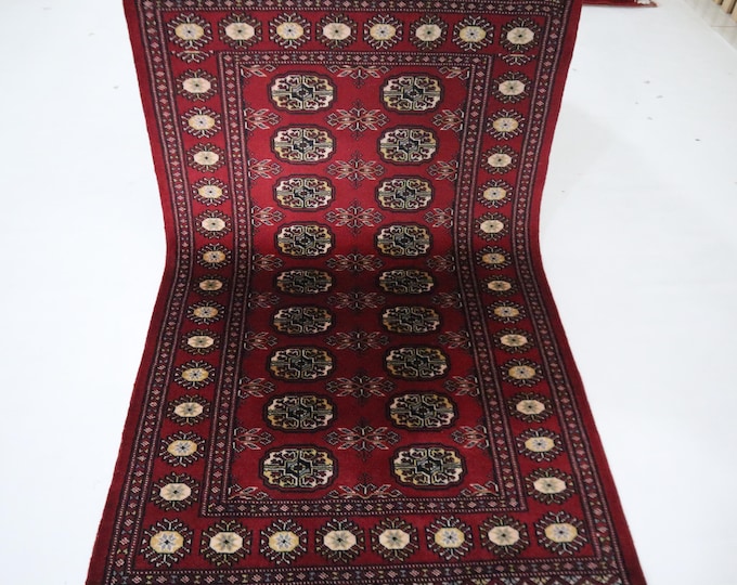 Hand Knotted Mori Bokhara Wool Rug, Red Geometric Tribal Rug, 3x5 Ft