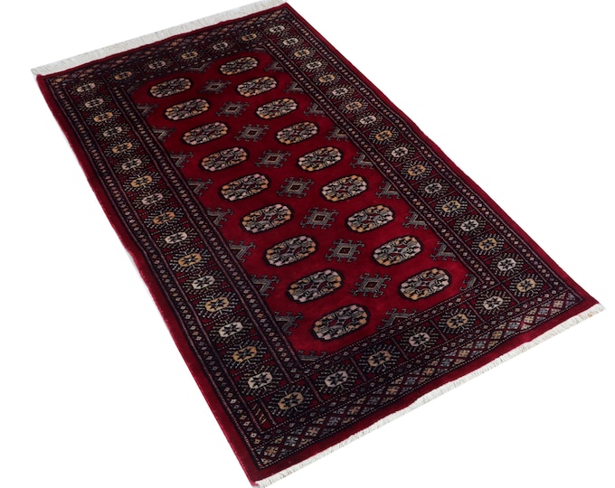 2.11 X 4.9 ft Red Geomatrical Handmade Runner, Mori Bokhara Cotton and Wool