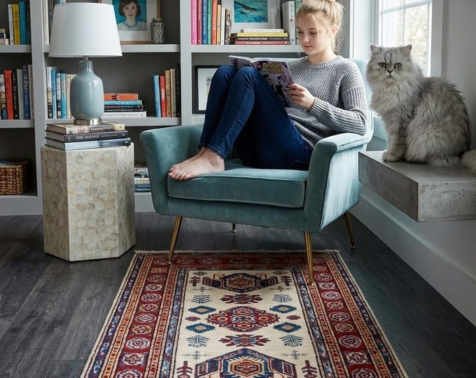 3 X 4 ft Beige and Red Geomatrical Handmade, Super Kazak Cotton and Wool