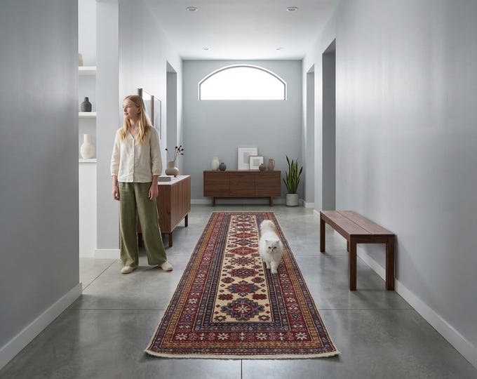 3 X 8 ft Beige and Red Geomatrical Handmade Runner , Super Kazak Cotton and Wool