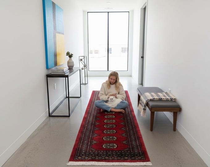 2.1 X 6.0 ft Red Geomatrical Runner Handmade, Mori Bokhara Cotton and Wool