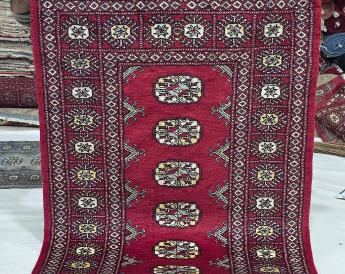 2.5 X 4 ft Red Geometrical Handmade, Mori Bokhara Rug Cotton and Wool