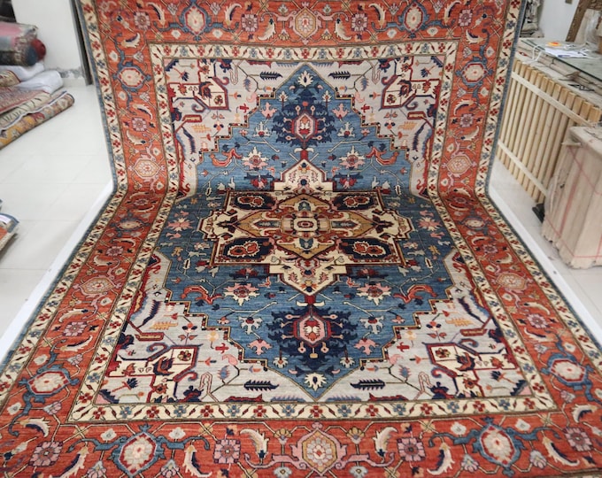 10x14 Heriz Area Rug, Blue Rust Afghan Wool, Hand Knotted