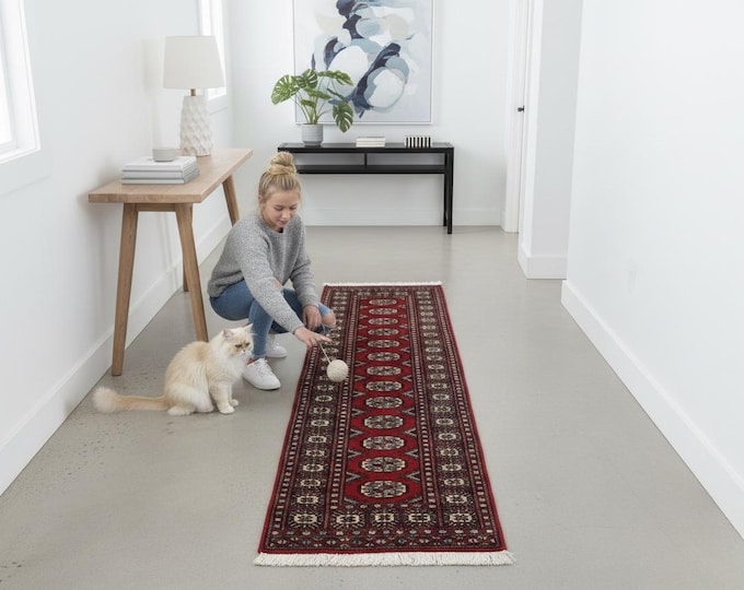 2.1 X 5.10 ft Red Geomatrical Runner Handmade, Mori Bokhara Cotton and Wool