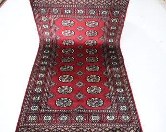 Hand Knotted Wool Mori Bokhara Rug, Red Geometric Tribal Rug (3x5 Ft)