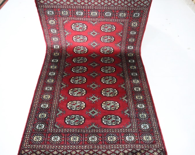 Hand Knotted Wool Mori Bokhara Rug, Red Geometric Tribal Rug (3x5 Ft)