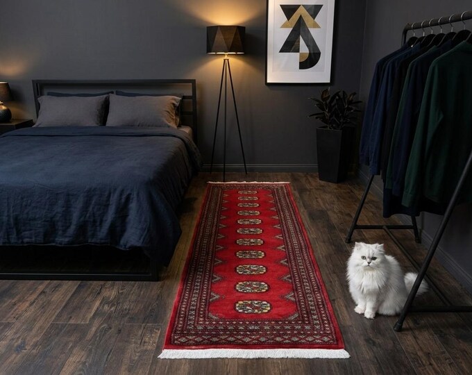 2.1 X 5.11 ft Red Geomatrical Runner Handmade, Mori Bokhara Cotton and Wool