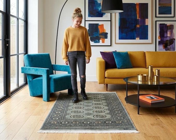 3.0 X 4.11 ft Gray Geomatrical Handmade , Mori Bokhara Cotton and Wool