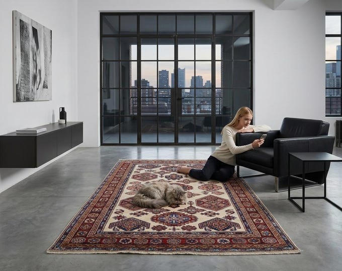 4 X 6 ft Beige and Red Geomatrical Handmade, Super Kazak Cotton and Wool