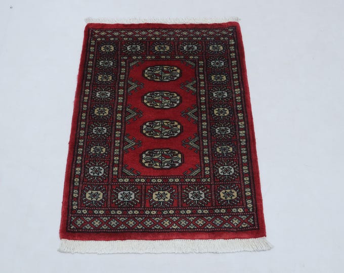 2 X 3 ft Red Geomatrical Handmade, Mori Bokhara Cotton and Wool