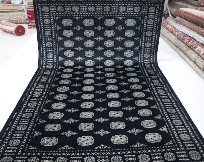 7x10 Ft Hand Knotted Wool Mori Bokhara Rug, Black Geometric Rug