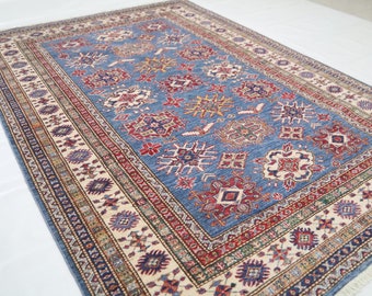 5x8 Afghan Kazak Rug – Handmade Geometric Wool Area Rug