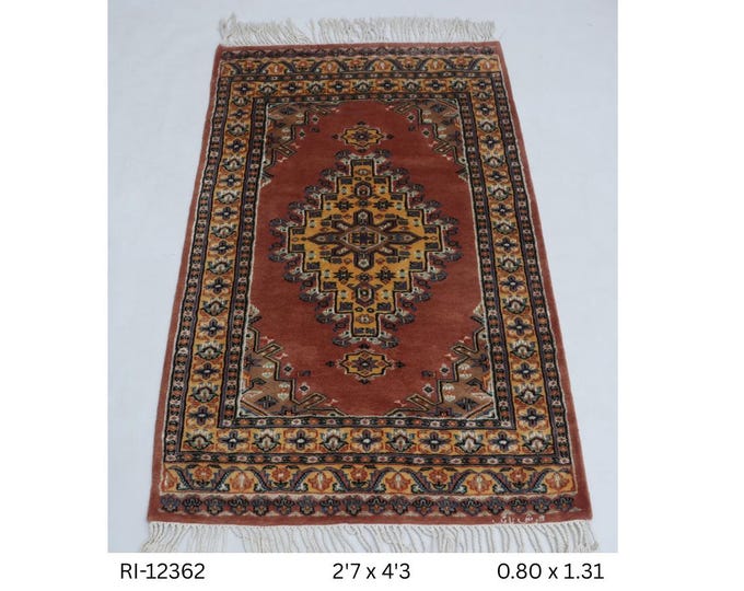 Hand-Knotted Copper Rug, Wool and Silk Touch, Geometric Yellow Border