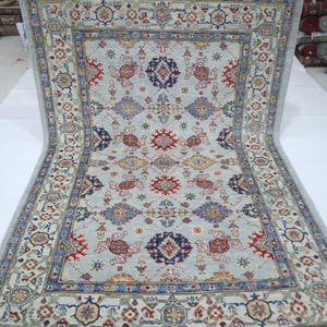 6x9 Ft Oushak Area Rug - Blue Gray Turkish Handmade Geometric Soft Wool Rug - Oriental Rug - Soft Tones Rug - Pastel Color Rug - Bedroom Rug