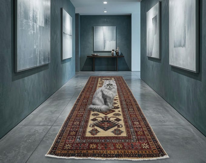 2.6 X 7.11 ft Beige and Red Geomatrical Handmade Runner, Super Kazak Cotton and Wool