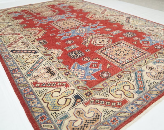 Handmade Afghan Kazak Wool Rug – 6x9 Red Geometric Area Rug