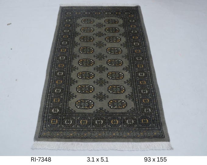 Hand-knotted Mohri Bokhara Cotton and Wool Rug Geomatrical in Gray and Gray border, 3.1 x 5.1 ft