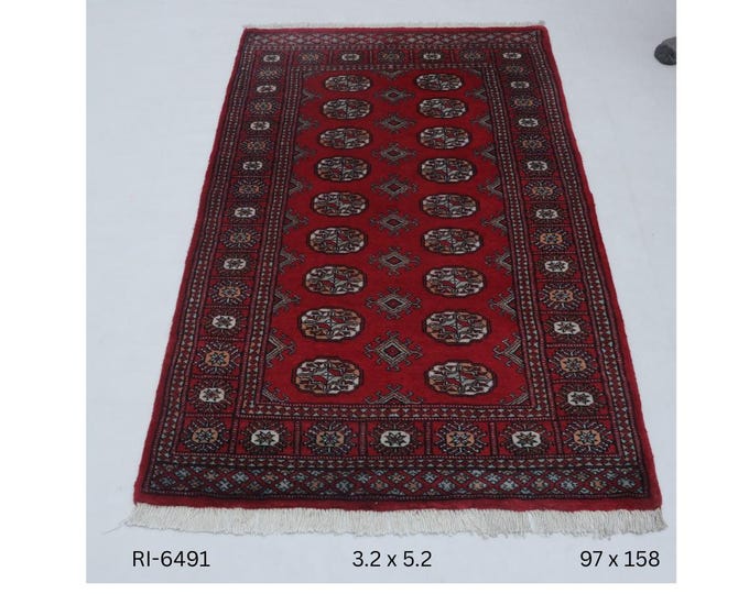 Hand-knotted Mohri Bokhara Cotton and Wool Rug Geomatrical in Red and Red border, 3.2 x 5.2 ft