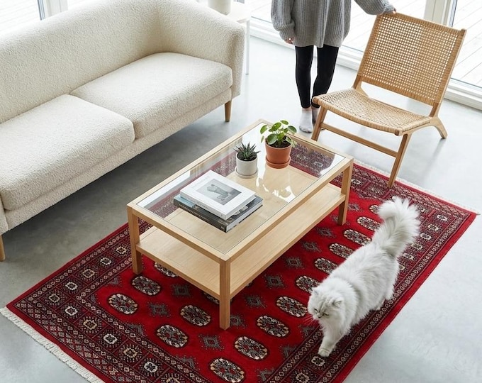 4.3 X 5.7 ft Red Geomatrical Handmade Runner, Mori Bokhara Cotton and Wool
