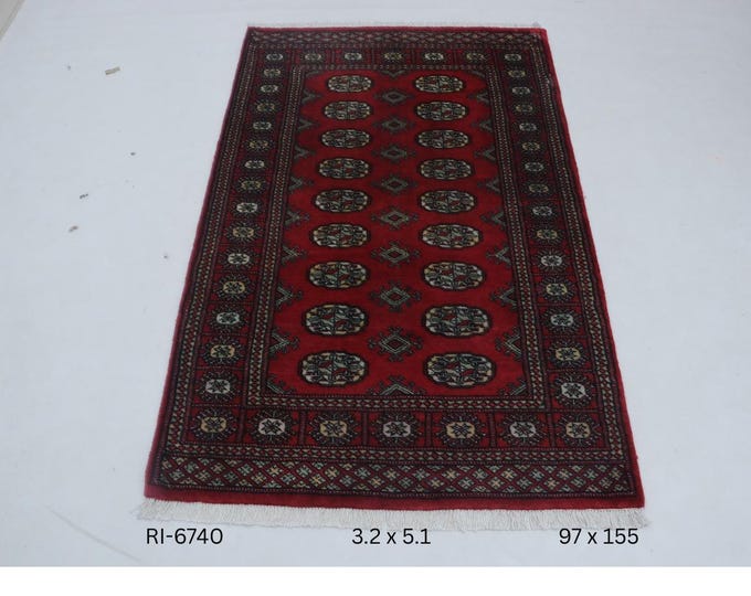 Hand-knotted Mohri Bokhara Cotton and Wool Rug Geomatrical in Red and Red border, 3.2 x 5.1 ft