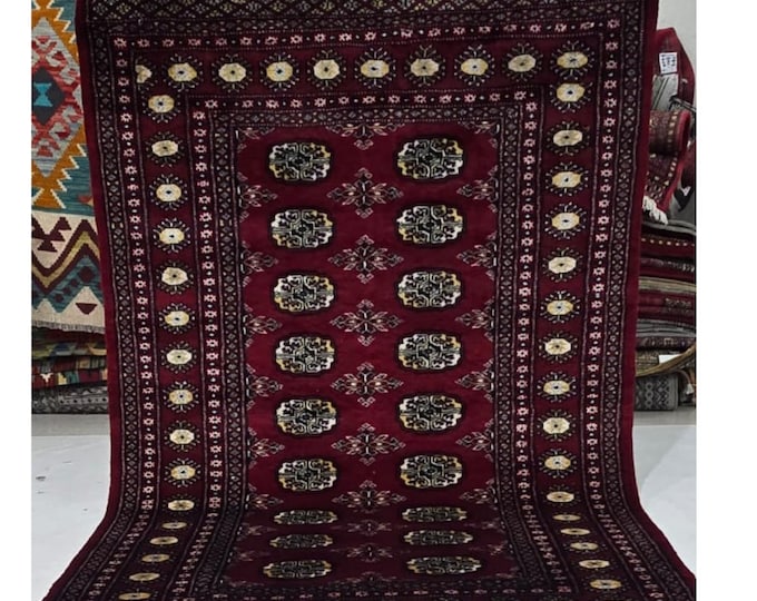 4.5 X 7 ft Red Geometrical Handmade , Mori Bokhara Cotton and Wool