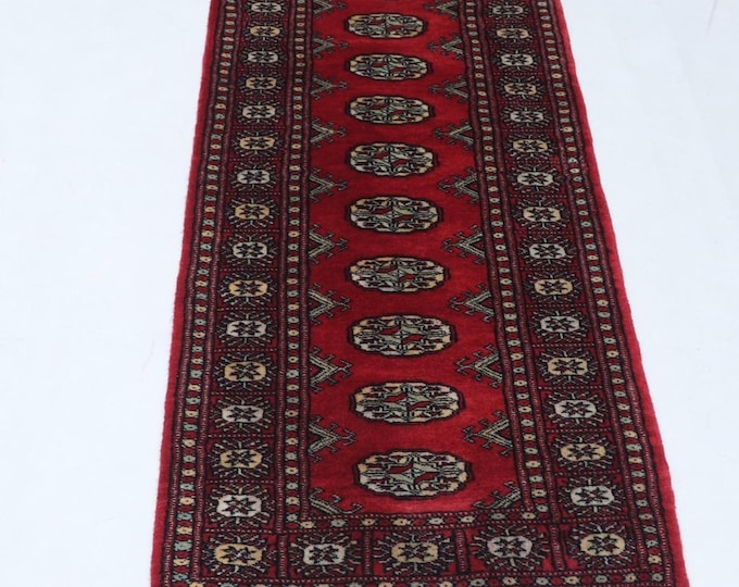 2.0 X 5.7 ft Red Geomatrical Handmade, Mori Bokhara Cotton and Wool