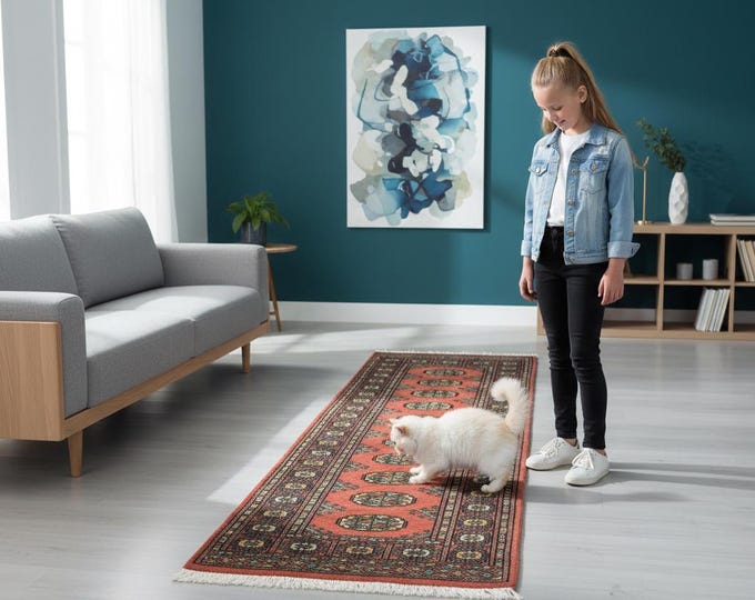 2.0 X 5.9 ft Copper Geomatrical  Runner Handmade, Mori Bokhara Cotton and Wool