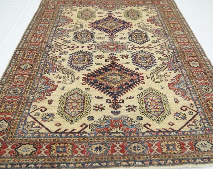 Beige Kazak Area Rug 5x7 – Hand-Knotted Afghan Wool Rug