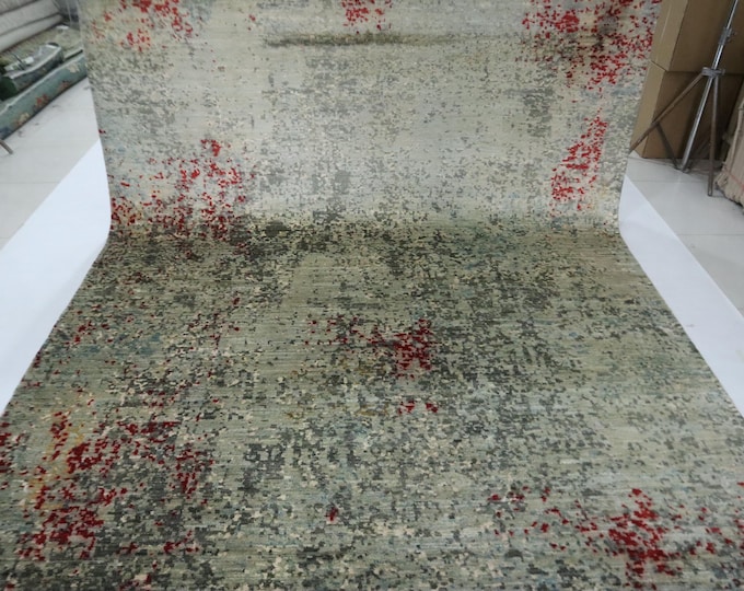 8x10 Abstract Afghan Rug – Hand-Knotted Wool, Greenish Gray