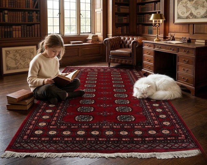 4.2 X 5.11 ft Red Geomatrical Handmade Runner, Mori Bokhara Cotton and Wool