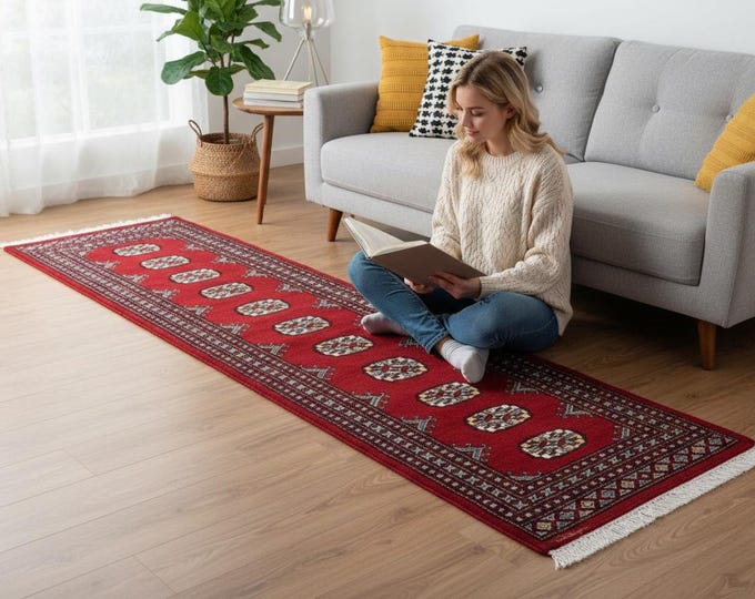 2.0 X 6.5 ft Red Geomatrical Runner Handmade, Mori Bokhara Cotton and Wool